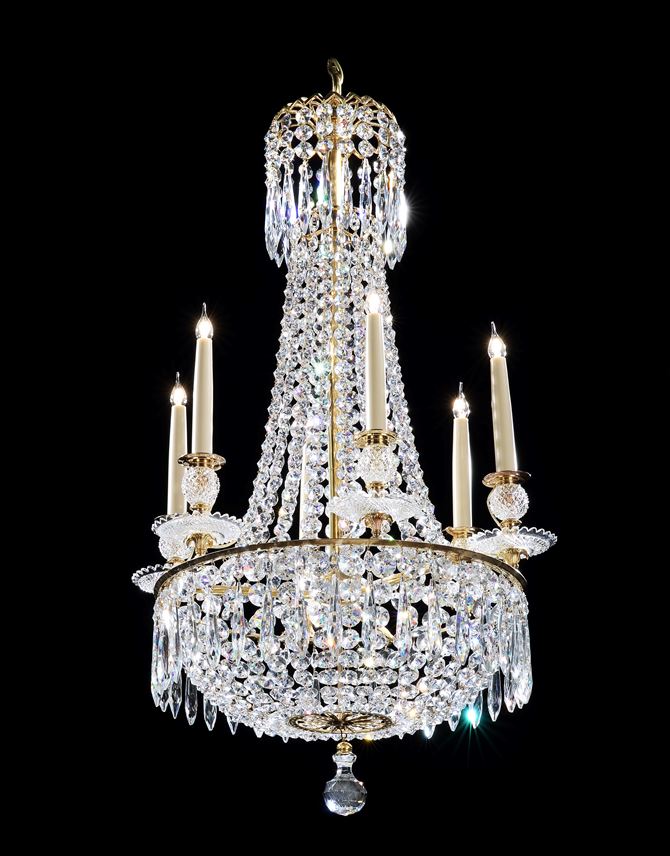 John Blades - A small pair of regency cut glass six light chandeliers | MasterArt